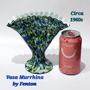 Vasa Murrhina Aventurine Green Blue Ruffled Cased Art Glass 7" Fan Vase Fenton